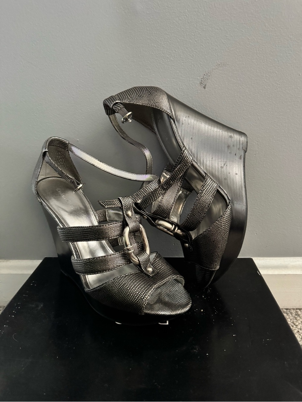 BCBG Metallic Pewter Strappy Wedge Sandals